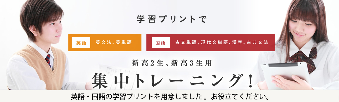 学習プリントで英語英文法、英単語国語古文単語、現代文単語、漢字、古典文法:新高2生、新高3生用集中トレーニング！