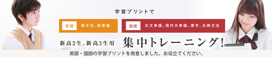 学習プリントで英語英文法、英単語国語古文単語、現代文単語、漢字、古典文法:新高2生、新高3生用集中トレーニング！